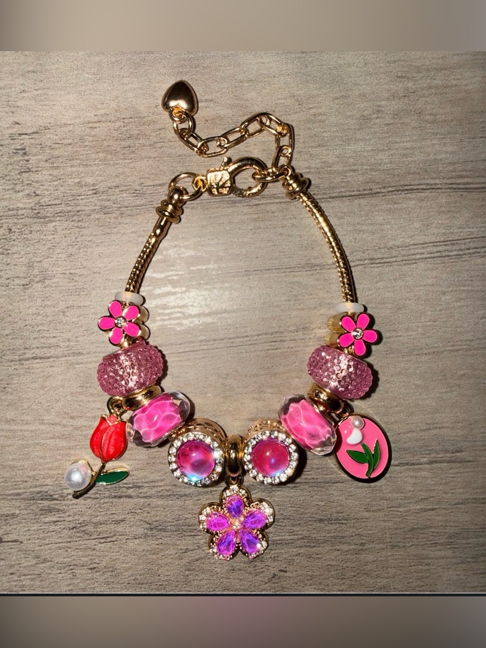 Gold Plated Stainless Steel Pink Floral Charm Bracelet